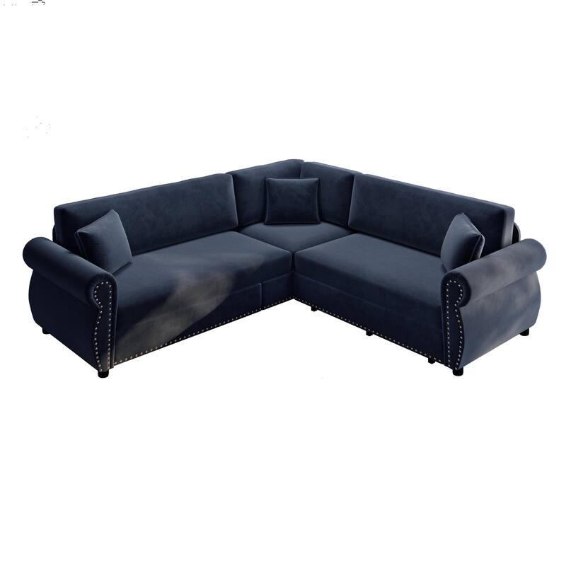 88.2" L-Shaped Sleeper Sectional Sofa with Pull-Out Bed - Chenille Convertible Couch, Nailhead Trim, for Living Room