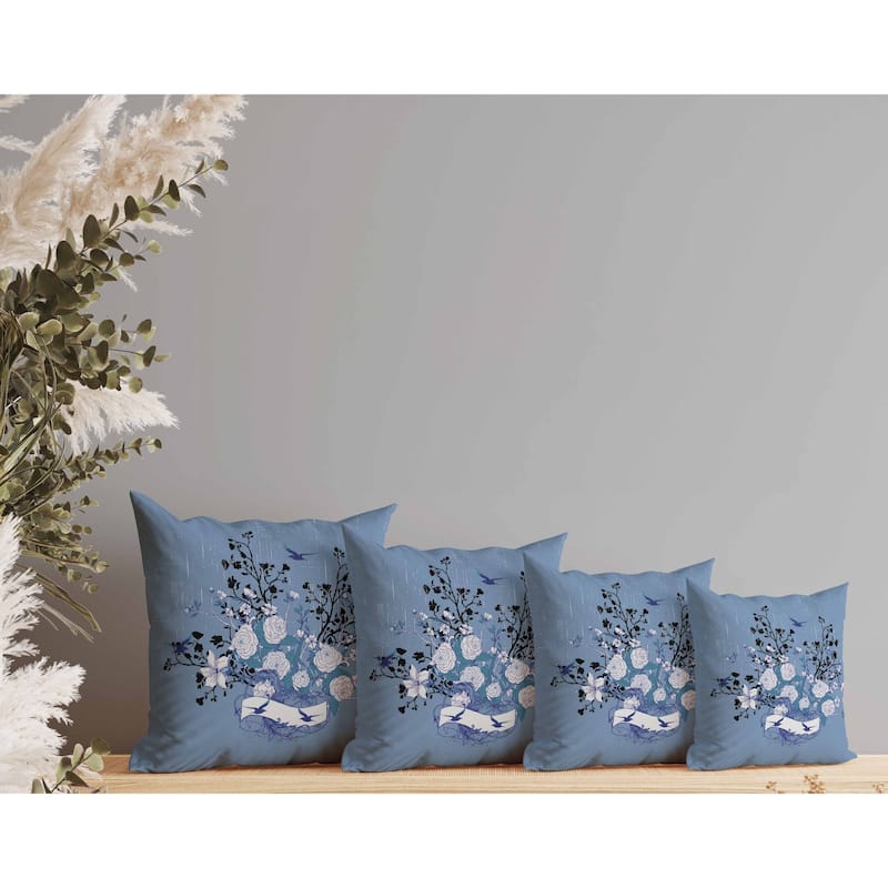 Elegant Floral Bouquet Indoor/Outdoor Reversible Throw Pillow Blue and White