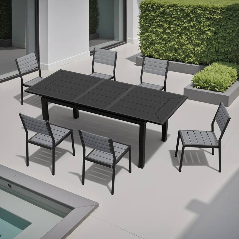 7-Piece Set Outdoor Patio Extendable Dining Table Aluminum with Stackable Chairs - Grey