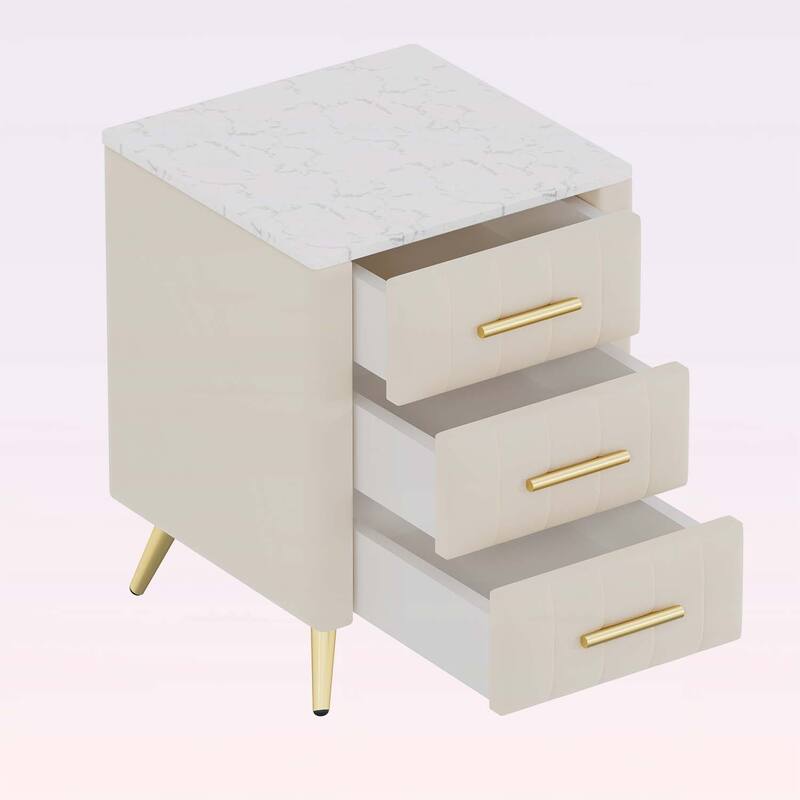 Stylish Design Upholstered Nightstand with 3 Drawers and Metal Legs & Handles