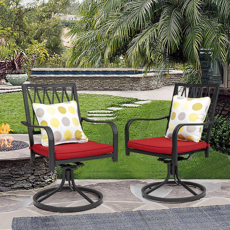Outdoor 2-Piece Metal Swivel Dining Chairs with Red Cushions