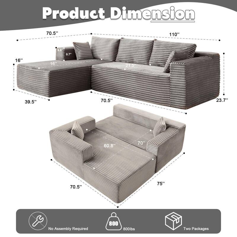 Boneless L-shaped Sectional Sofa with Chaise, Modular Sleeper Sofa Bed Corduroy Compression Deep Seat Sectional Couch