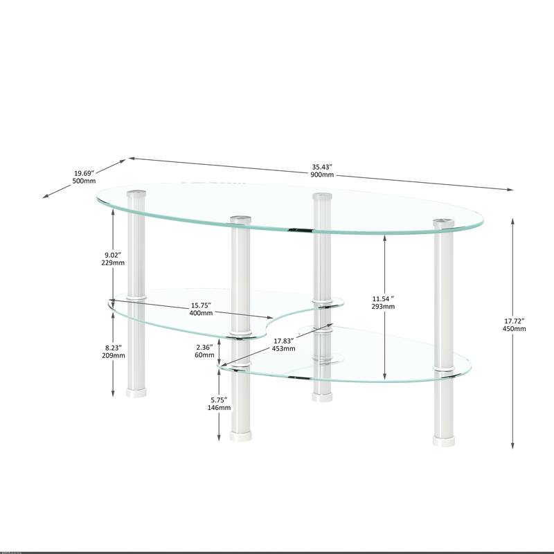 Transparent Oval glass coffee table, modern table with stainless steel leg, tea table 3-layer glass table for living room