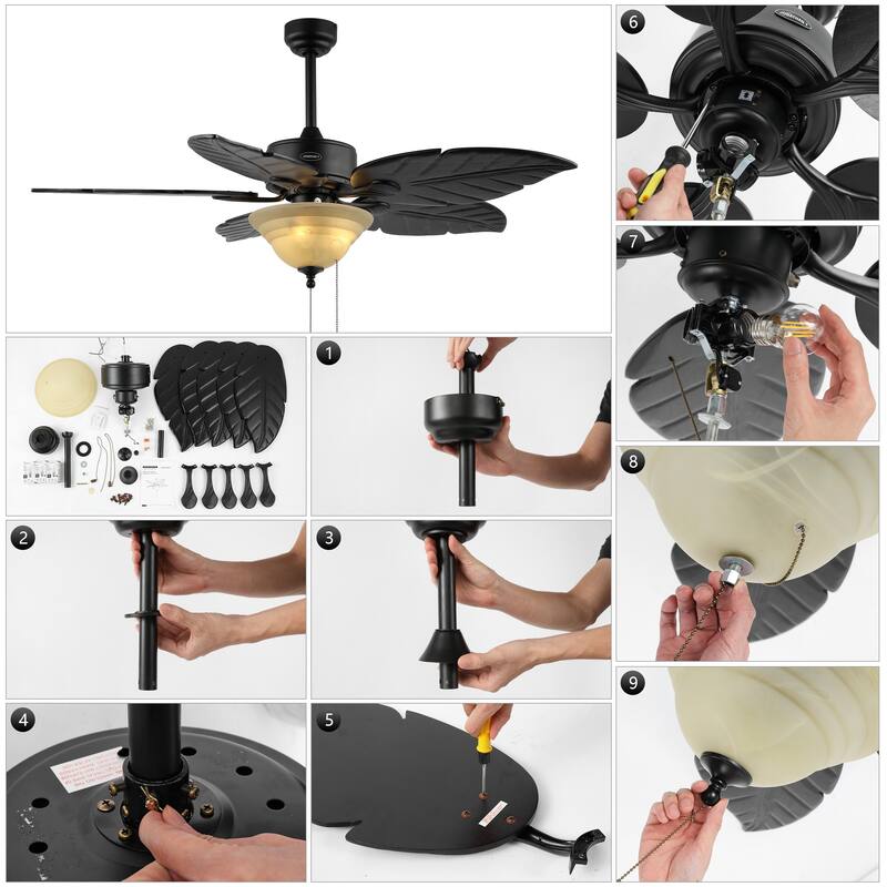 Owen 52" 3-Light Coastal Bohemian Iron/Wood Palm Leaf LED Ceiling Fan with Pull Chain, by JONATHAN Y