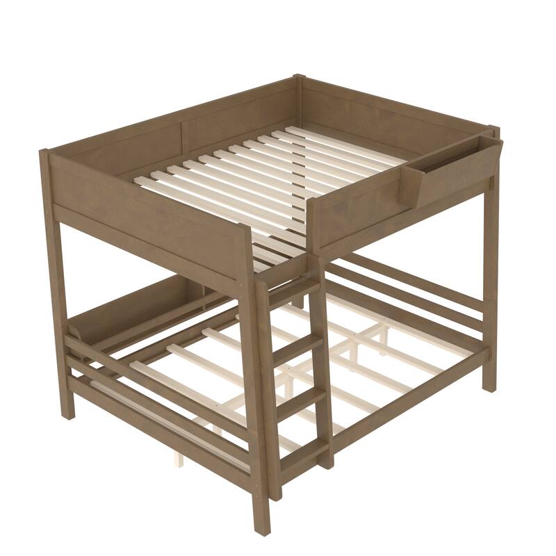 Queen Bunk Bed With Storage Shelf and Bookshelf,Wood Bunk Bed with Ladder and Guardrails,Detachable Design