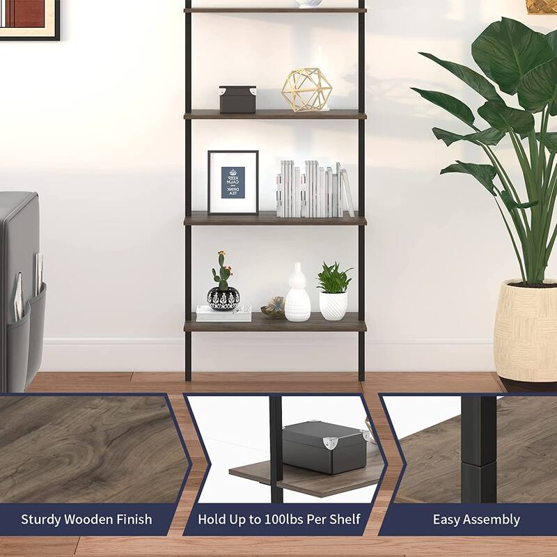 Mixoy Ladder Shelf,Standing Tall Wall Shelves with 5 Tier Metal Frame Clapboard,Open Bookshelf - 23.6"D x 11.8"W x 70.8"H