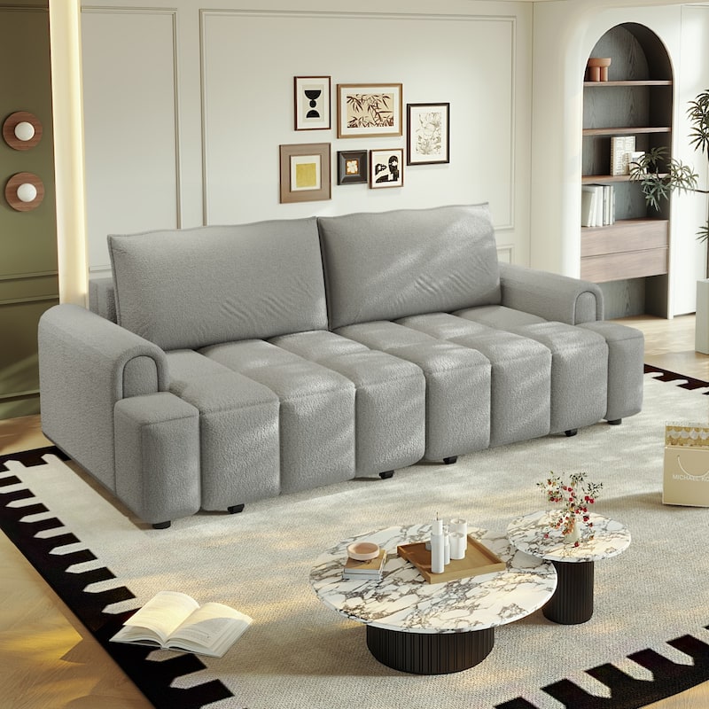90.2" Convertible 4-Seater Teddy Fabric Sofa with Storage - Light Grey