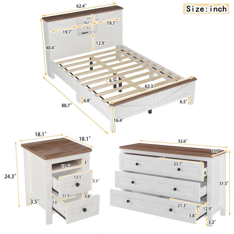 3-Pieces Farmhouse Bedroom Sets, Platform Bed with Sliding Door Storage Headboard and Charging, Nightstand and Dresser