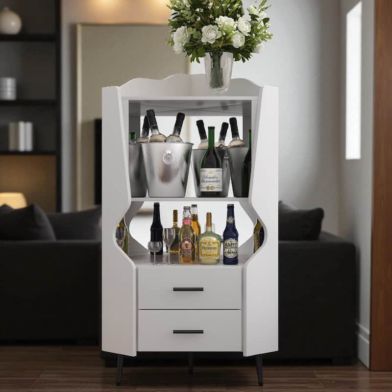 Modern Wooden Corner Bar Cabinet with Mirrored Back, 2 Drawers and Open Shelves, Buffet Sideboard for Dining or Living Room - White
