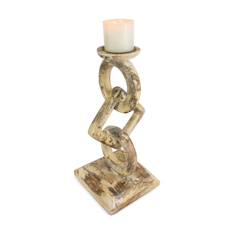 Wood Chain Link Candle Holder Hand Carved Rustic Whitewashed Candle Stand, Decorative Accent