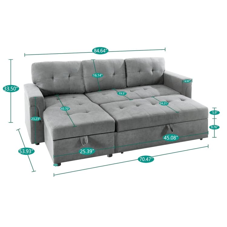 Modern Reversible Convertible Sleeper Sectional Sofa Bed - L-Shape with Storage Chaise, Wide Armrest and Durable Legs