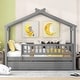preview thumbnail 11 of 38, Twin Size House Bed with Trundle, Wooden Playhouse Kids Bed Frame with Roof and Fence, Montessori Style Bed Grey