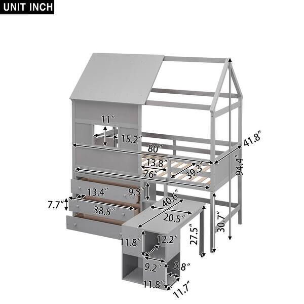 dimension image slide 0 of 2, Twin Size House Loft Bed with Pullable Desk and Storage Drawers