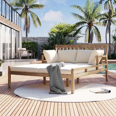 Outdoor Patio Wooden Daybed w/ 4 Pillows & Curved Armrests for Poolside Backyard Garden
