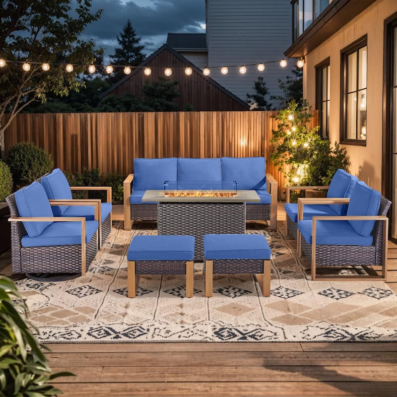 Pocassy Fire Pit Table with Outdoor Sofa Chair Ottoman Set - Brown Wicker Blue Cushion - 8-Piece Sofa Chair with Fire Table