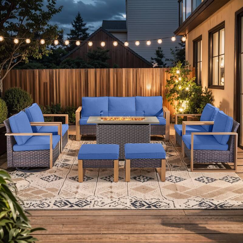 Pocassy Outdoor Sofa Patio Chair with Fire Table Set - Brown Wicker Blue Cushion - 8-Piece Sofa Chair with Fire Table