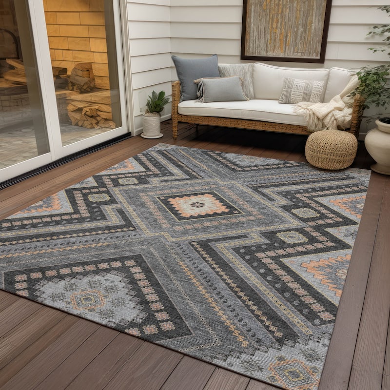 Machine Washable Indoor/ Outdoor Global Boho Chantille Rug - Gray - 9' x 12'