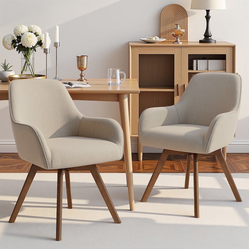 Swivel Upholstered Dining Chair Set of 2 Armchair with Beech Wood Legs - 33.3" H x 23.2" W x 22.4" D