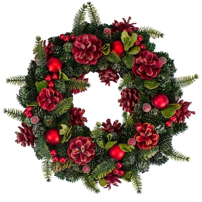 13" Red and Green Pine Cones and Ornaments Christmas Wreath