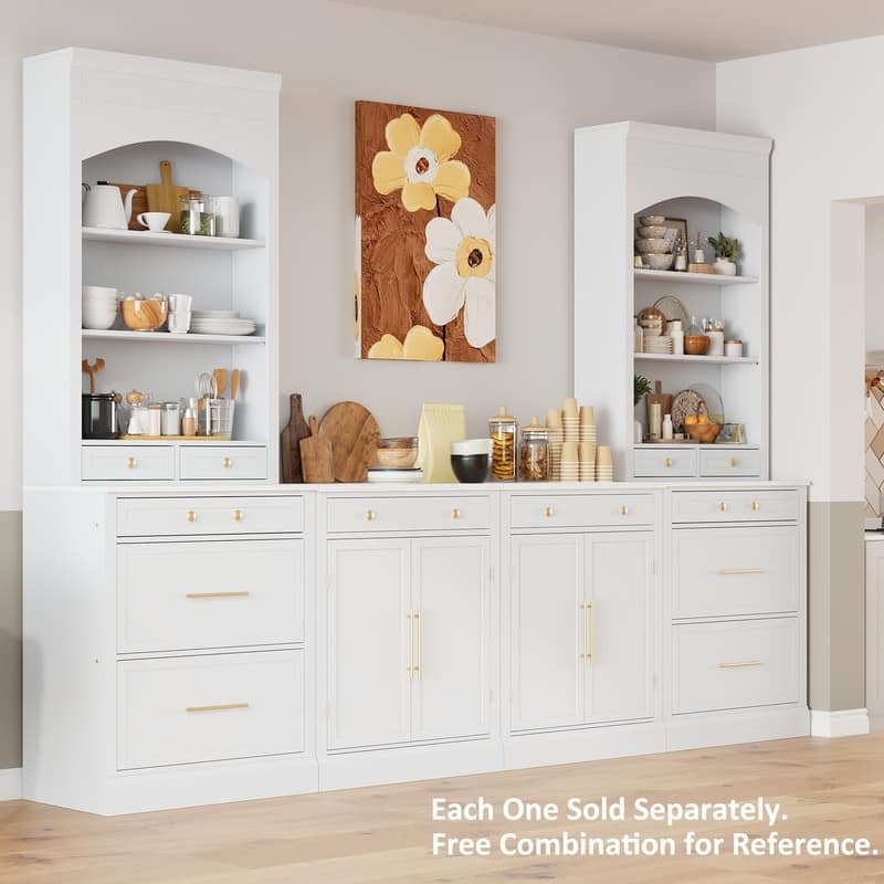 Modern 83.7-Inch Tall Kitchen Pantry with Faux Marble Top, Display Cabinet, 5 Drawers & Adjustable Shelf‌