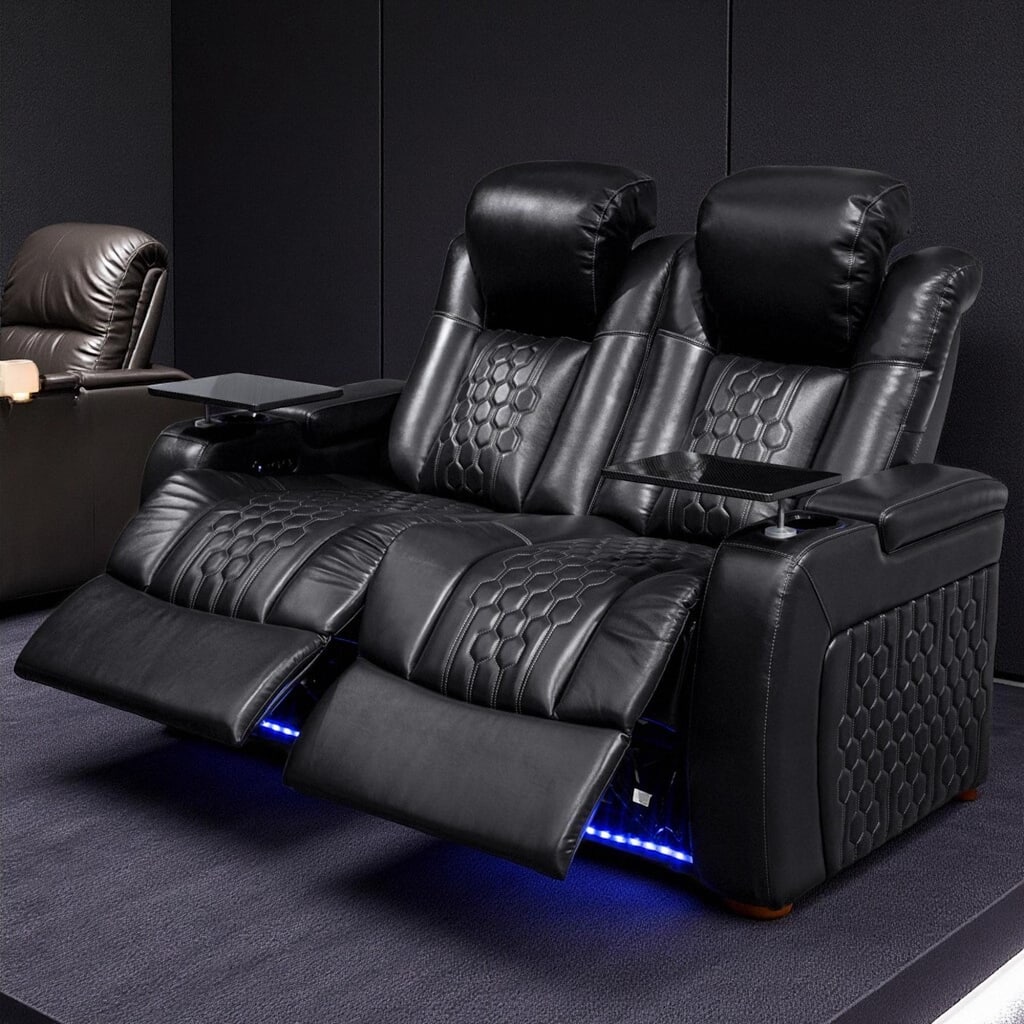 Roomfitters 62" Power Recliner Set (2-Piece), Top-Grain Nappa 11000 Leather, RGB LED & USB-C Charging, Black