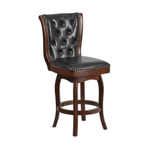 Flash Furniture 26'' High Cappuccino Wood Counter Height Stool with Button Tufted Back and Black LeatherSoft Swivel Seat - N/A