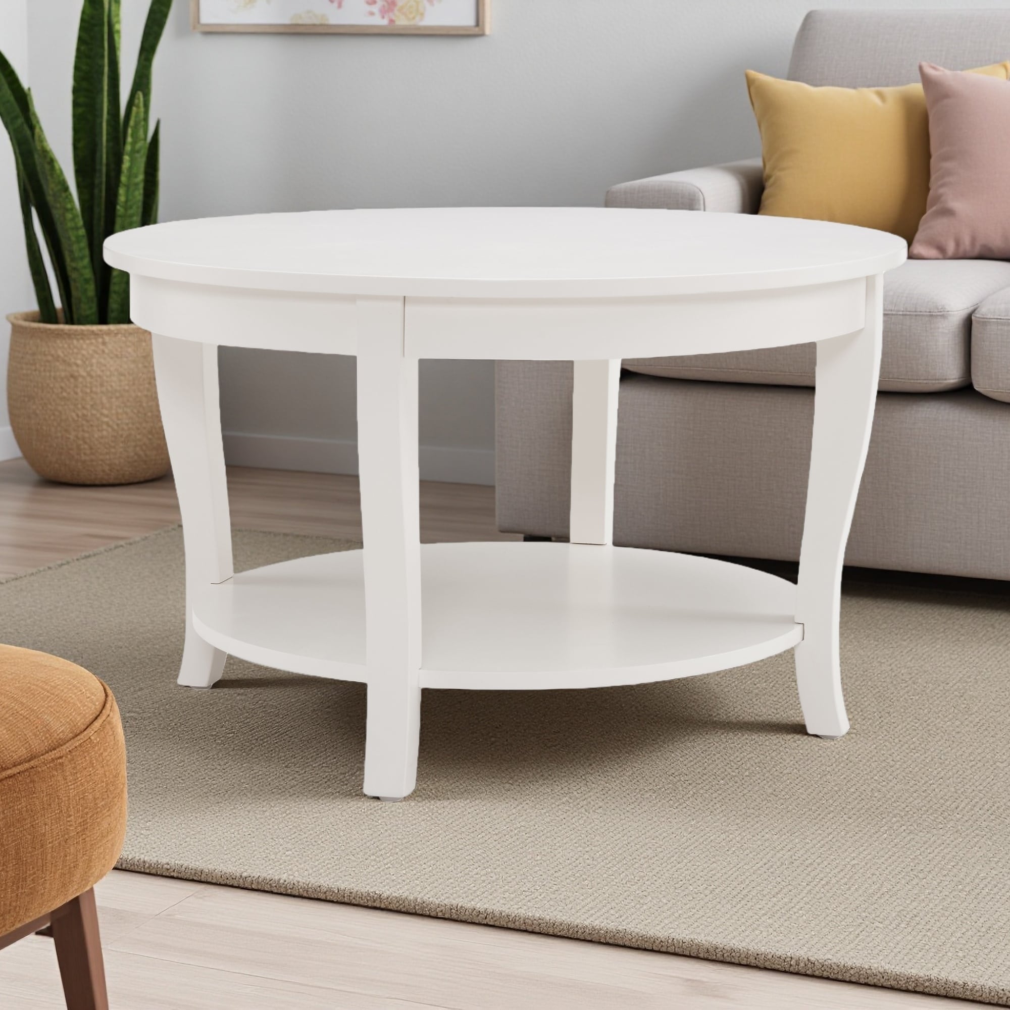 30" Wood Round Coffee Table with 2 Shelves