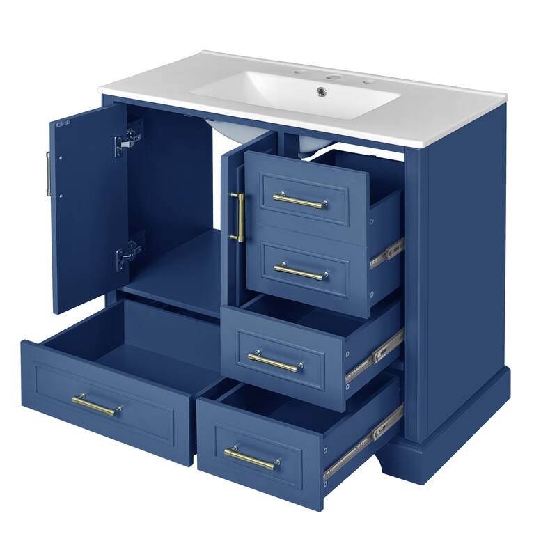 Traditional Bathroom Vanity with Ceramics Sink, Freestanding Cabinet with 3 Side Drawers, Bottom Drawer and 2 Soft Close Doors