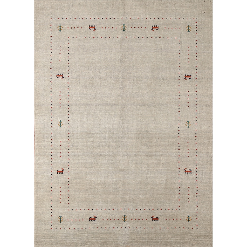 Tribal Gabbeh Area Rug Handmade Oriental Beige Wool Carpet - 5'5"x 7'6"