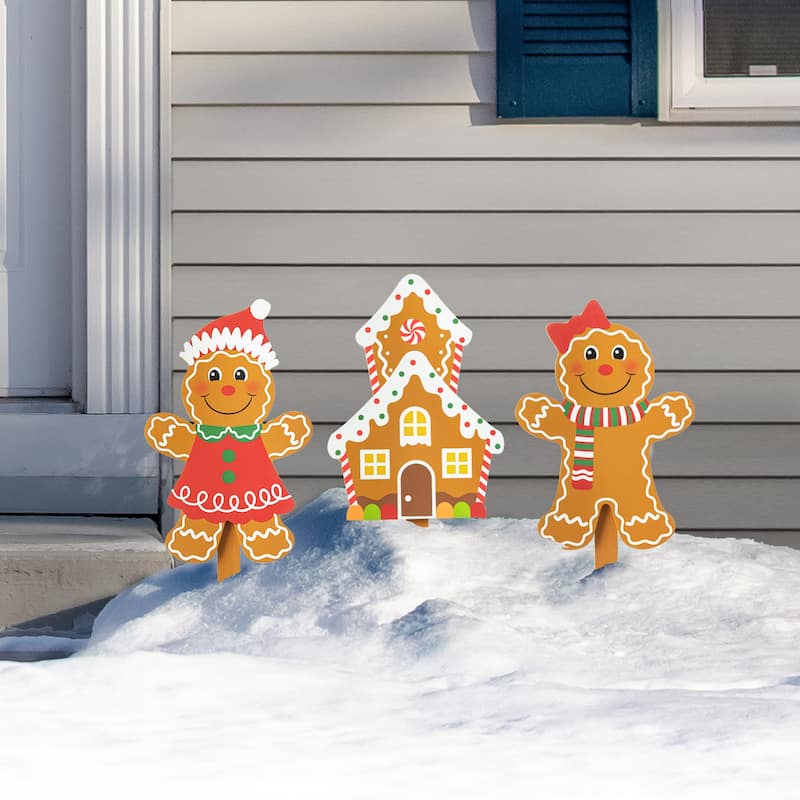 Glitzhome Christmas Gingerbread Boy Girl Yard Stakes Standing Hanging Decoration