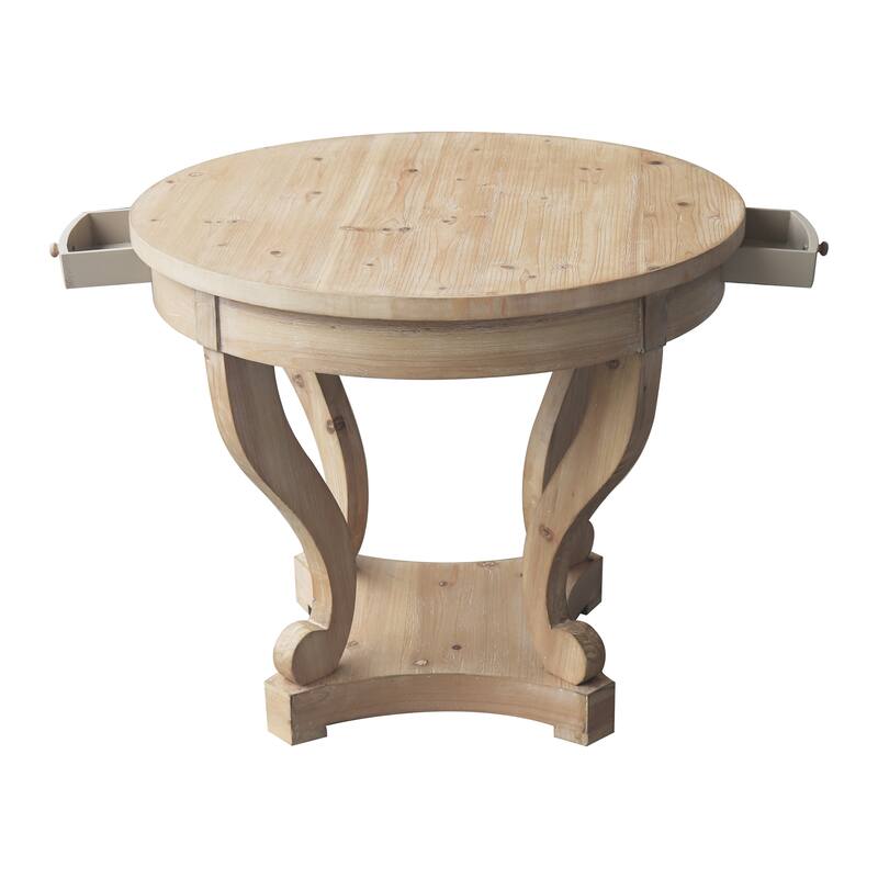 Farmhouse Curved Legs Round Table, Smal End Side, Wood Coffee Table with Small Drawer for Kitchen, Living Room
