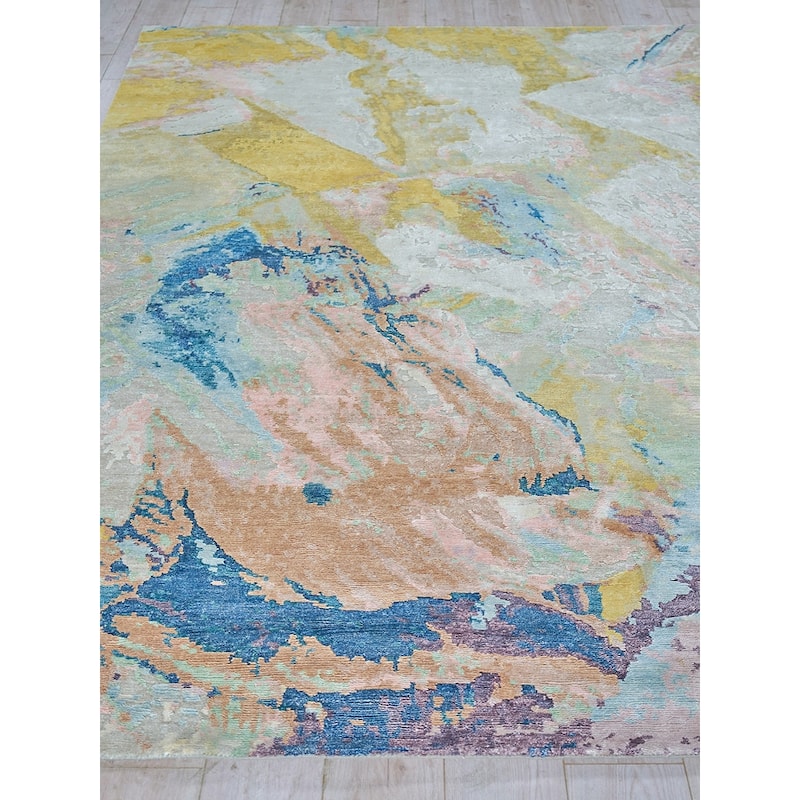 EXQUISITE RUGS Floor Art Hand-knotted Bamboo Silk Ivory/Gold/Blue Area Rug.