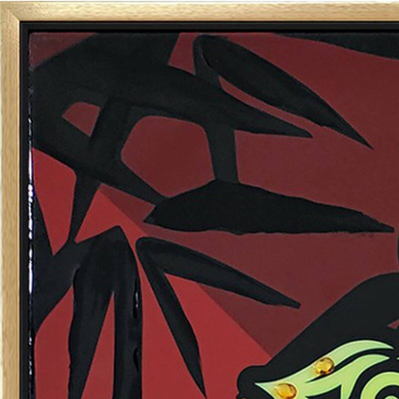 39 x 59 Hand Painted Buddha on Lotus, Gold Frame, Resin Coated, Red, Yellow - Red, Gold, Black