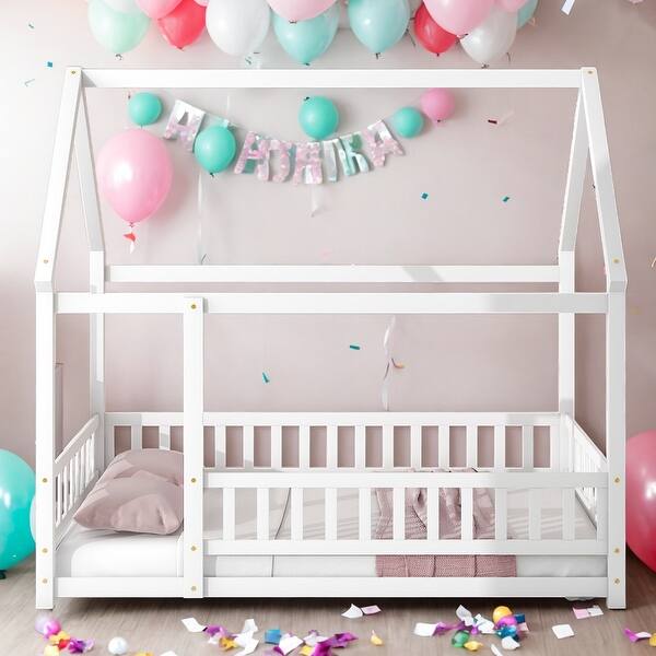 slide 2 of 13, Kids and Baby Full Size Wooden Bed House Bed with House Roof ,Fence Guardrails White