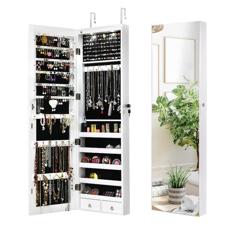 LED Lights Wall and Door Mounted Jewelry Storage Lockable Cabinet with Full Length Mirror - 14" x 4" x 54.5" (L x W x H)