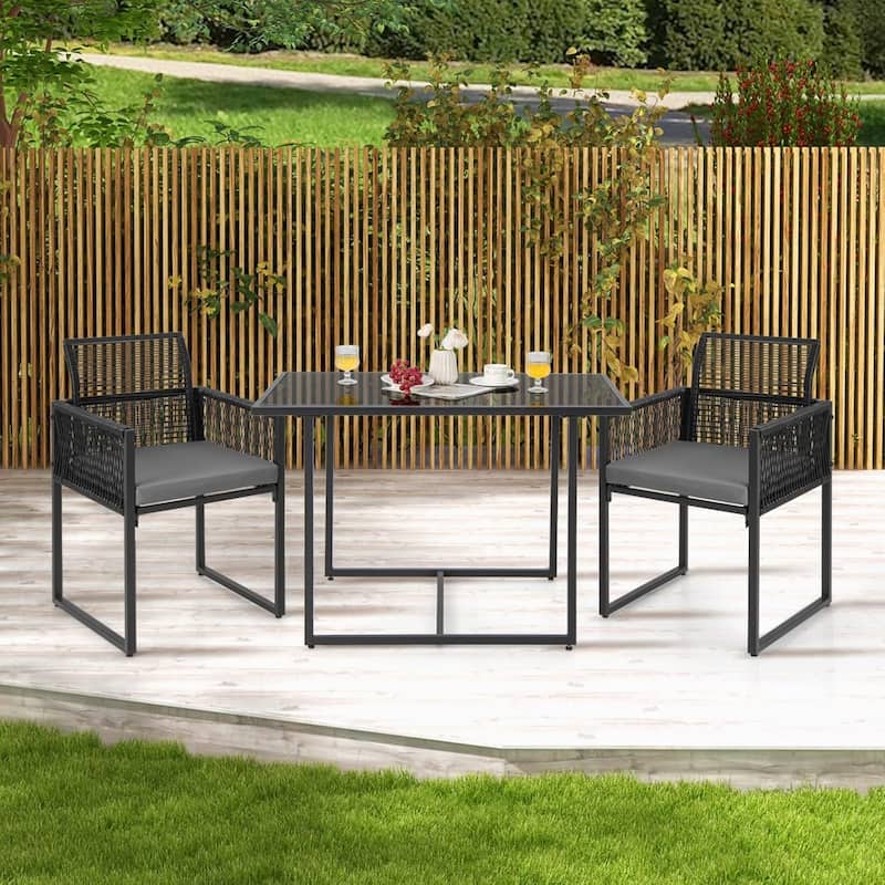 Gymax Set of 3 PE Wicker Furniture Set Cushioned Chairs w/ Folding