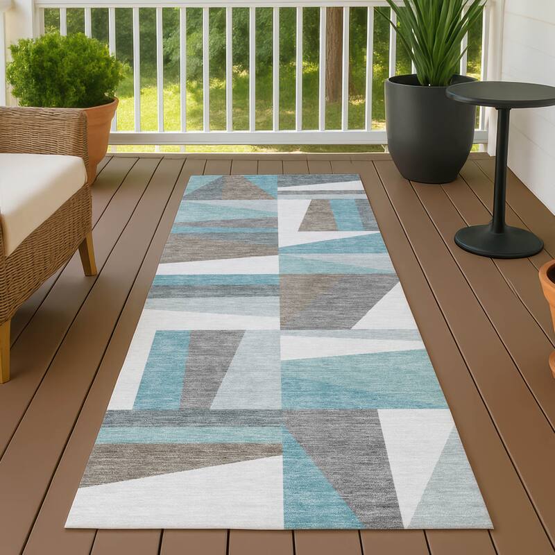 Machine Washable Indoor/ Outdoor Contemporry Mosaic Chantille Rug - Teal - 2'3" x 7'6"