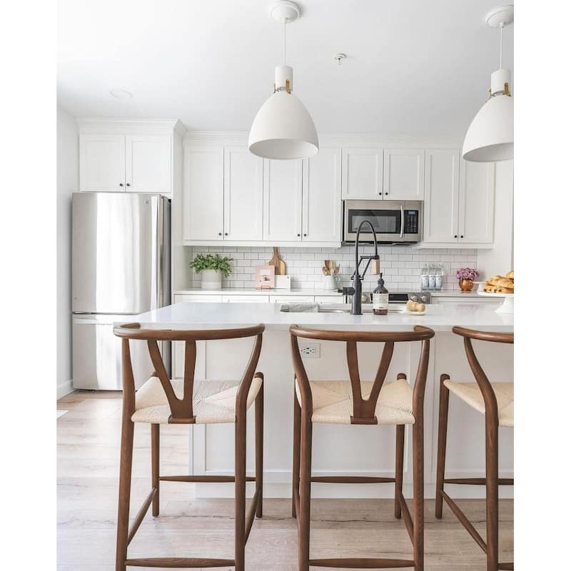 Solid Wood Countertop Height Barstool with Open Y Back Farmhouse Woven Organic Natural Chair For Kitchen Designer - N/A