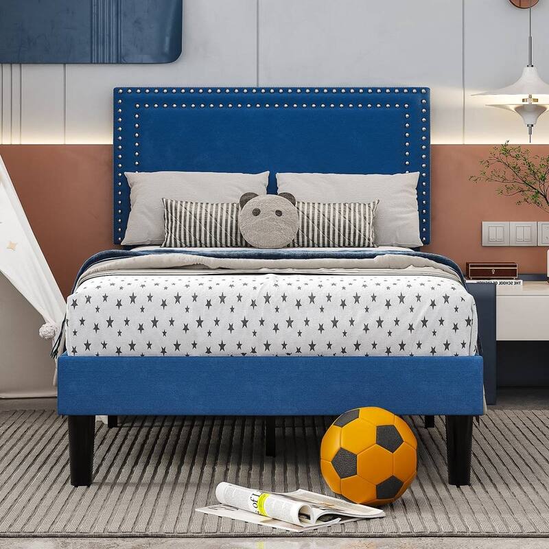 Set of 2 Twin Size Tufted Upholstered Platform Beds Dorm Style Minimalist Metal Frame with Slats No Box Spring Needed