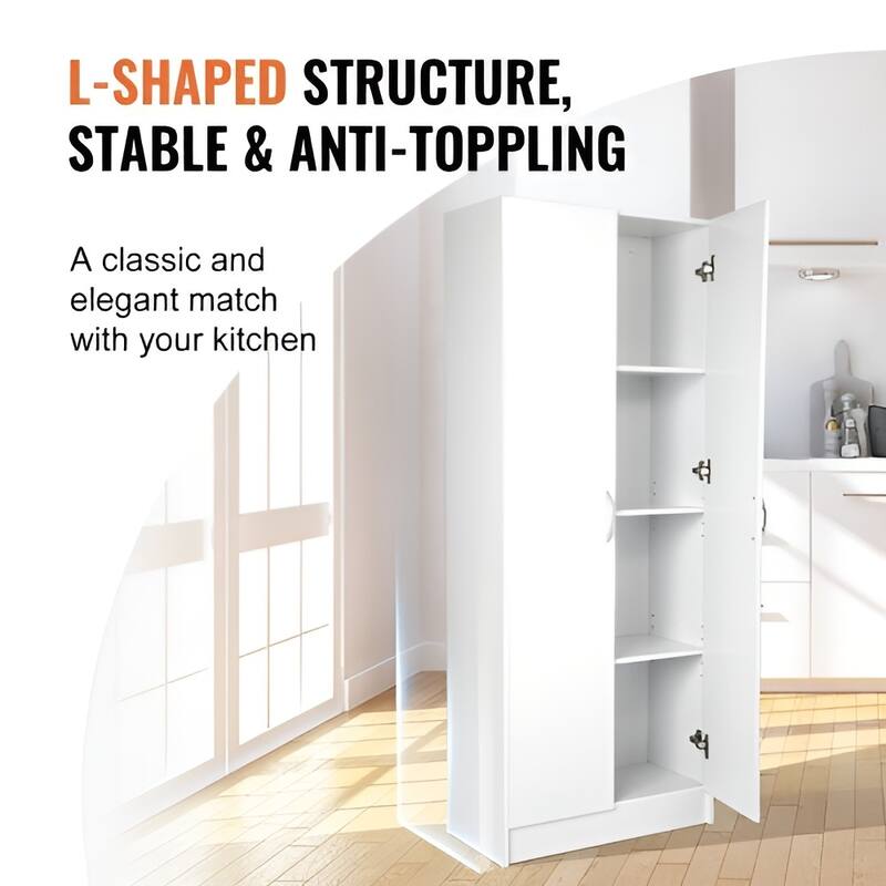 White MDF Kitchen Pantry Cabinet with 2 Doors and Adjustable Shelves - 24” L x 12” W x 60” H