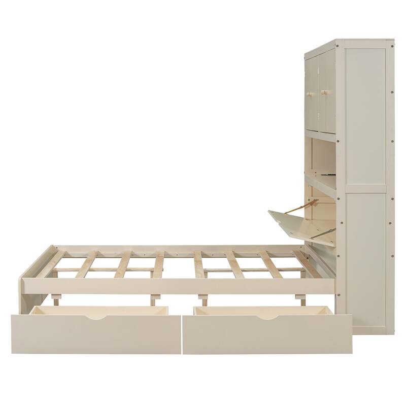 Full Wooden Storage Bed with Flip-Up Headboard & USB Charging