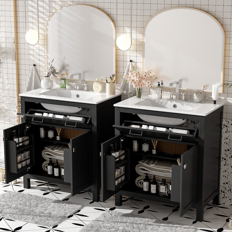 GDFStudio - Bambi Wood & Ceramic Double Bathroom Vanity Set with Sinks, Soft-Close Doors & Flip Drawer - 60" - Black