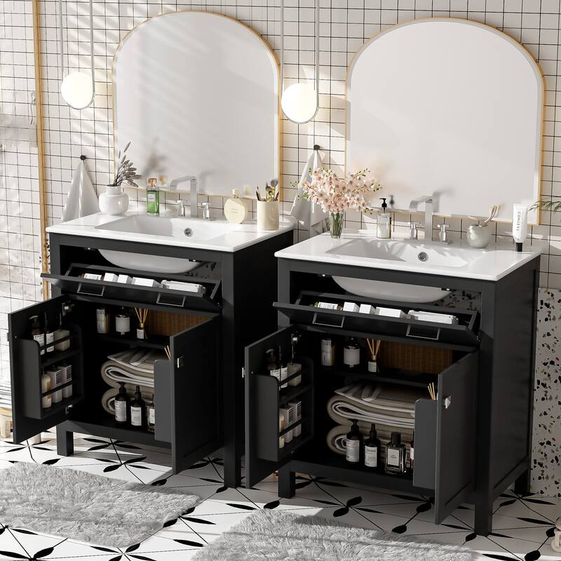 Set of 2 Vanity for Bathroom with Double Ceramic Sinks, 60" Modern Storage Cabinet with Flip-down Drawers and Door Organizers