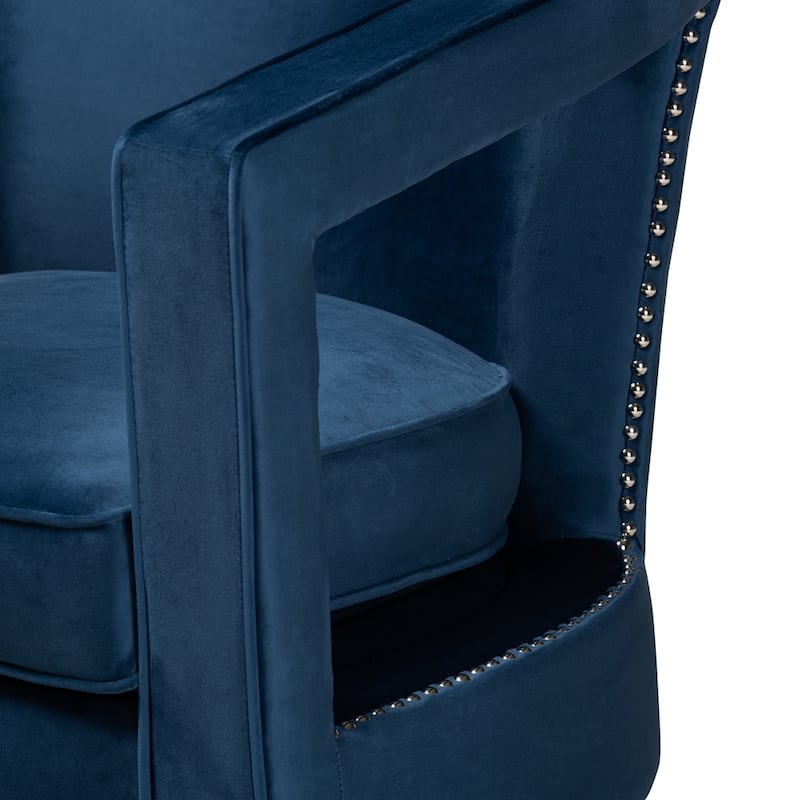 Neville Modern Luxe and Glam Navy Blue Velvet Fabric Upholstered and Gold Finished Metal Armchair - 28.70"H x 30.30"W x 31.10"D