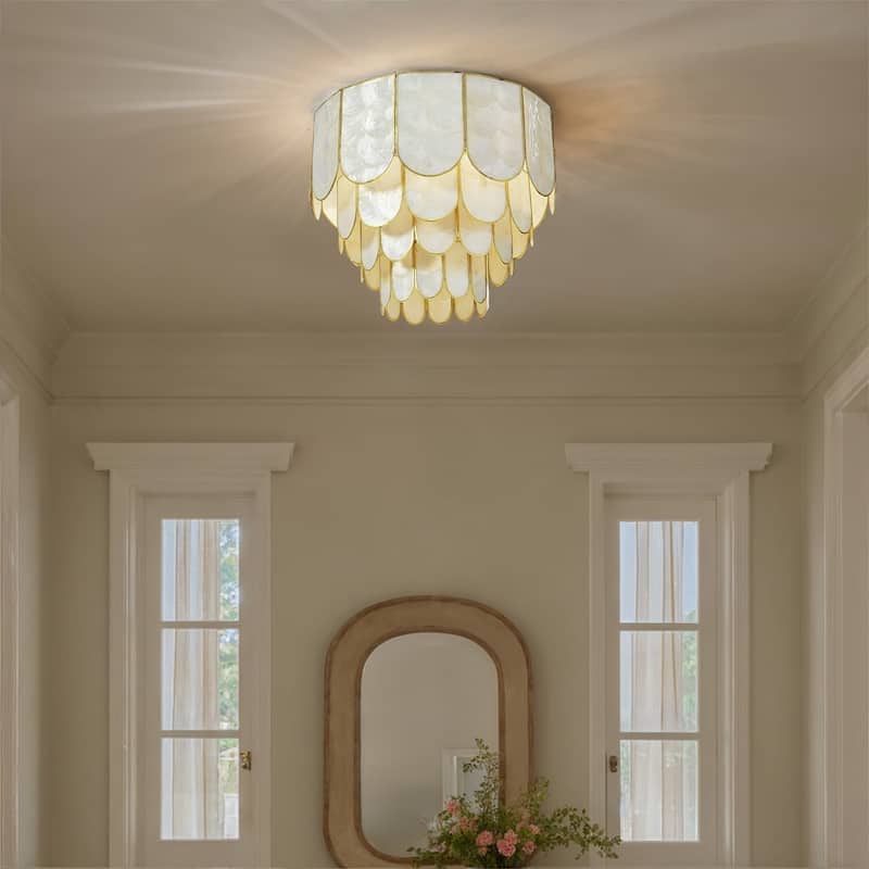 Capiz and Metal Flush Mount Ceiling Light - 14.0"L x 14.0"W x 12.0"H