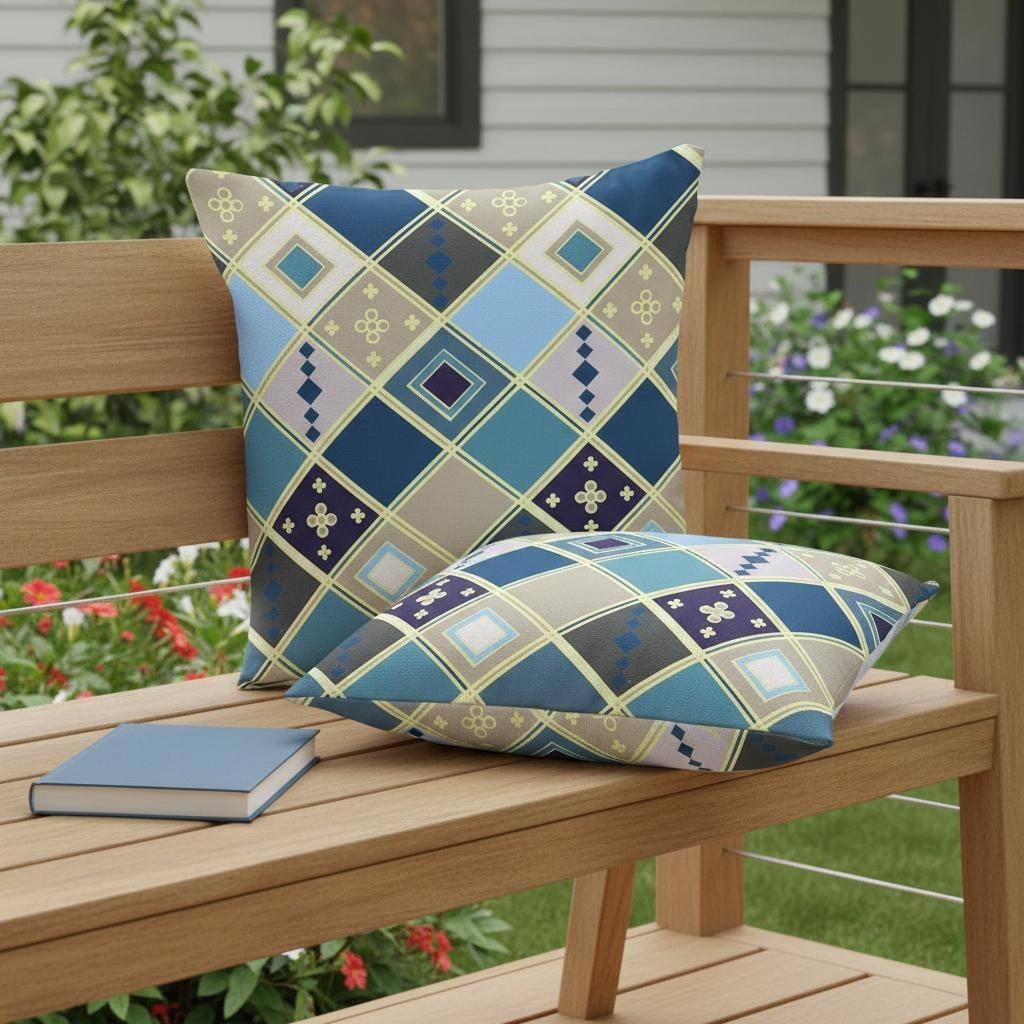 HomeRoots Set of Two 16" X 16" Blue and Gold Blown Seam Diamond Indoor Outdoor Throw Pillow - 16.00' X '16.00' X '5.00