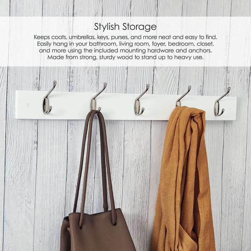 Melannco Wall Mounted Coat Rack with 5 Metal Hooks, 27X4 Inch, White