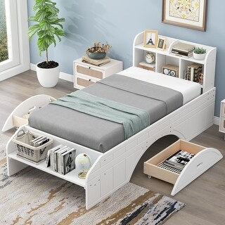 Twin Size Wood Platform Bed with 2 Drawers and Storage Headboard