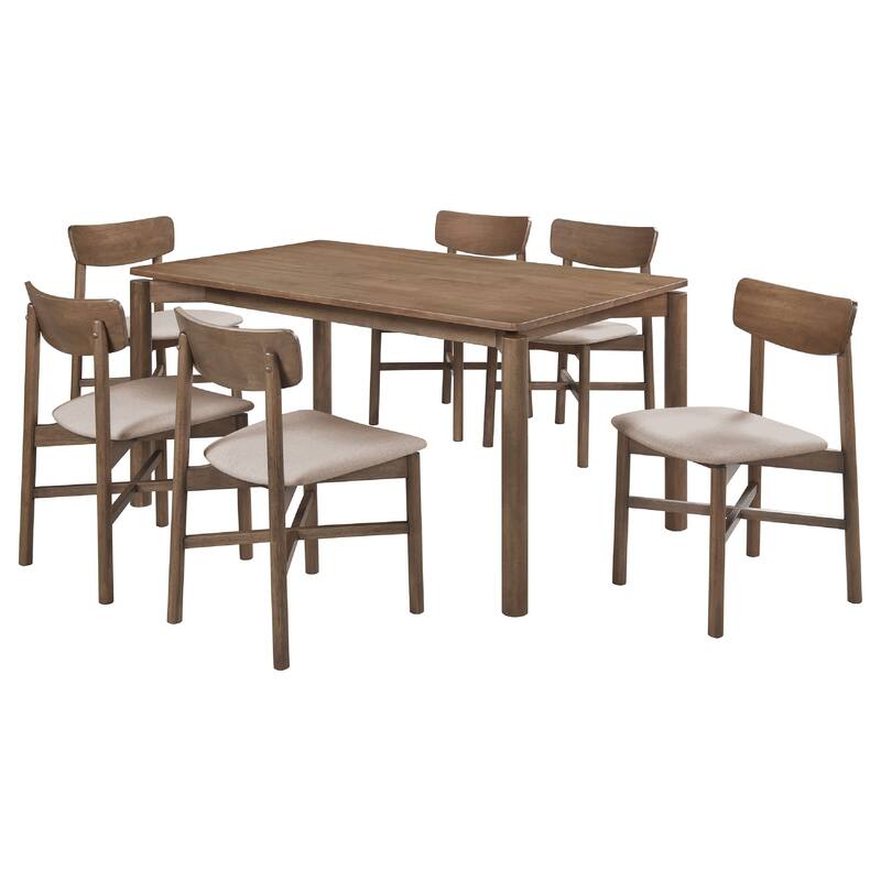 Rida 7pc Dining Table Set w 6 Upholstered Chairs, Natural Walnut Brown
