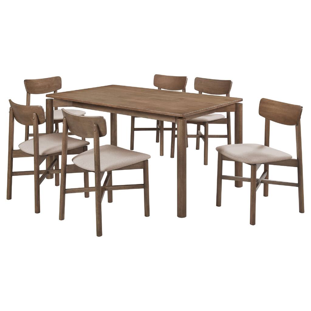 Rida 7pc Dining Table Set w 6 Upholstered Chairs, Natural Walnut Brown